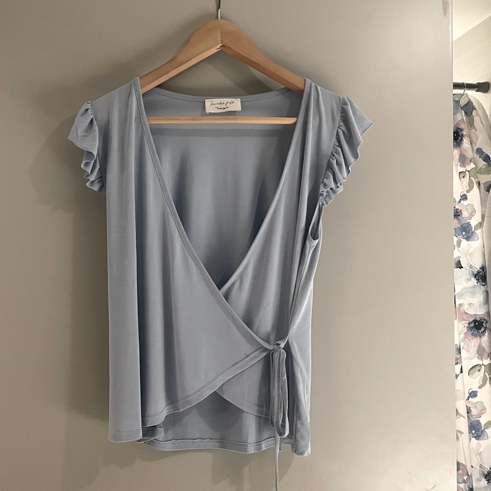 Light Blue Beautiful Wrap Tie Ruffled Sleeve Blouse | Lavender Field | Size S/M